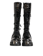 Dolce & Gabbana Black Leather Knee High Combat Boots Shoes