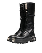 Dolce & Gabbana Black Leather Knee High Combat Boots Shoes