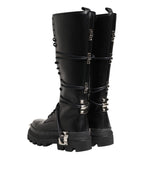 Dolce & Gabbana Black Leather Knee High Combat Boots Shoes