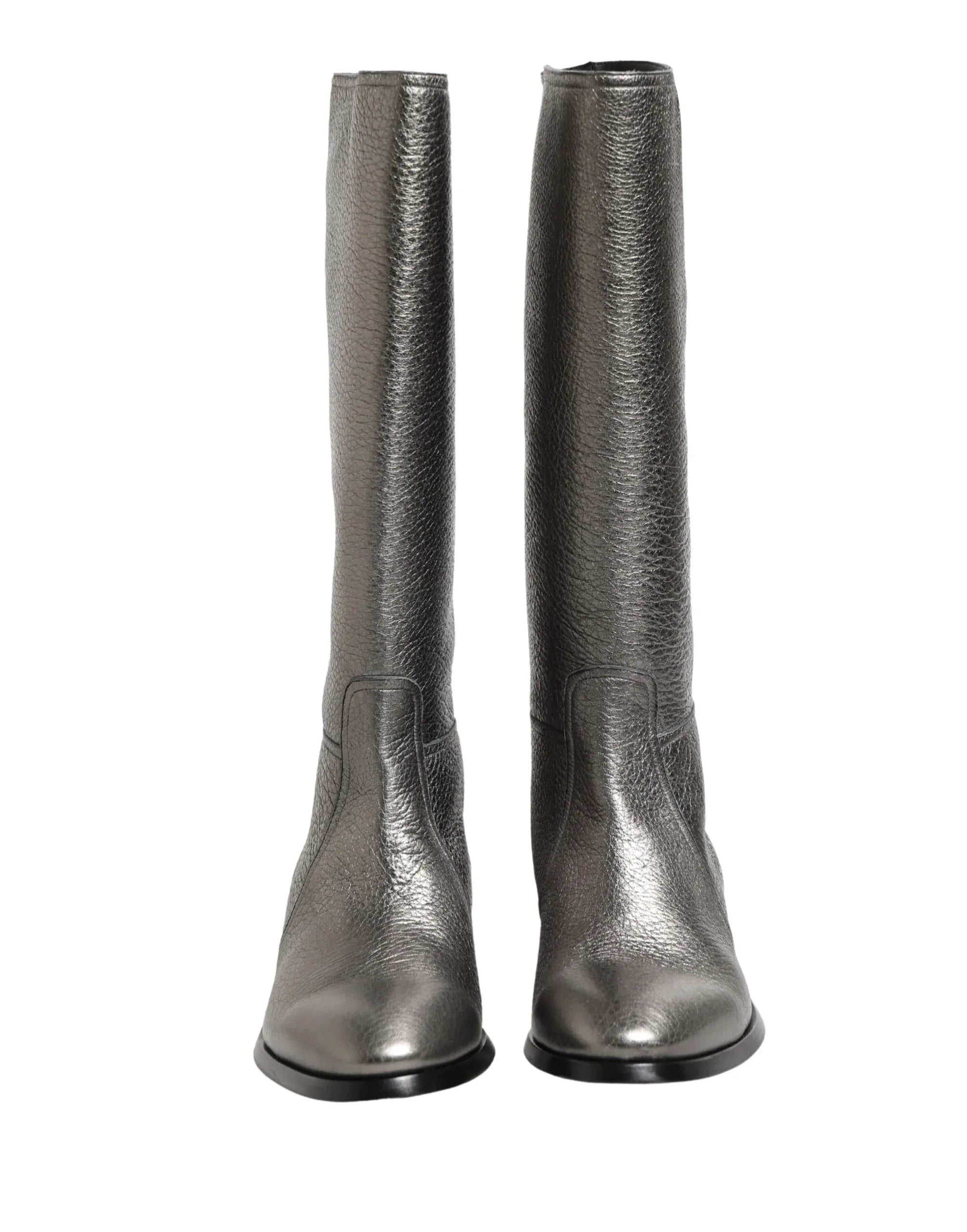 Dolce & Gabbana Metallic Silver Leather Knee High Boots Shoes - Zeiniez