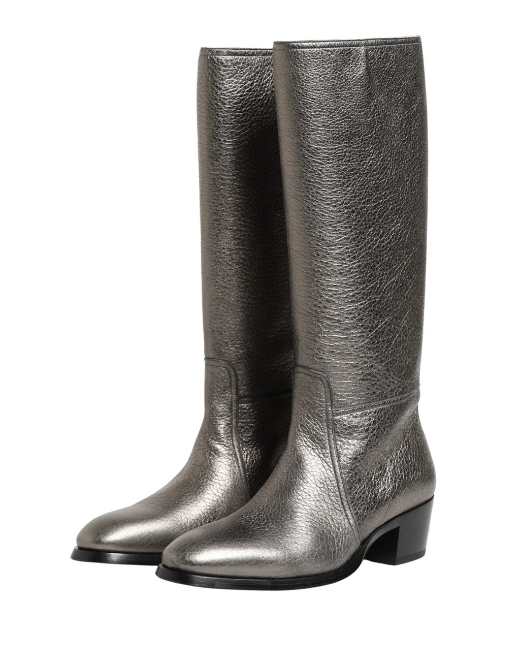 Dolce & Gabbana Metallic Silver Leather Knee High Boots Shoes - Zeiniez