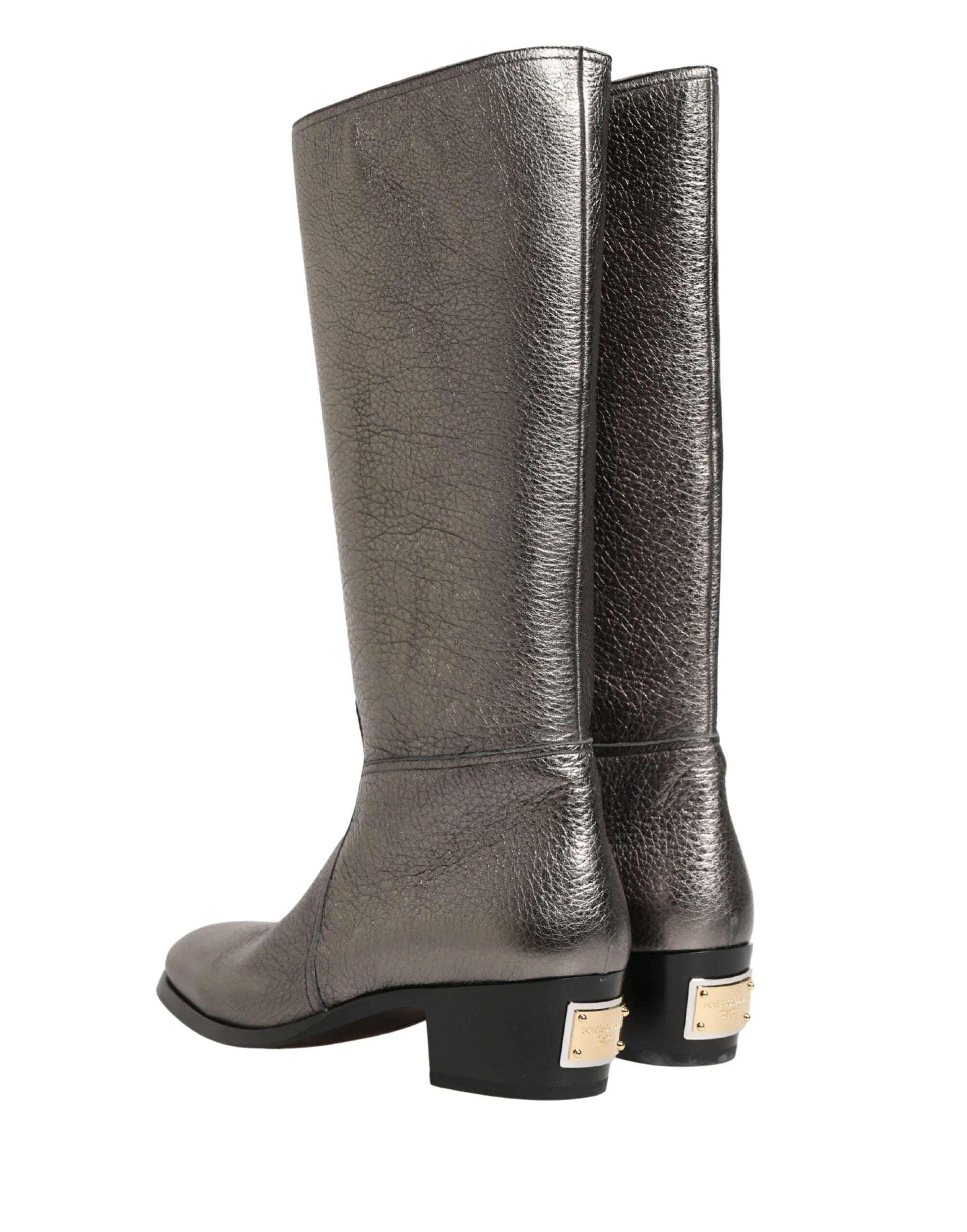 Dolce & Gabbana Metallic Silver Leather Knee High Boots Shoes - Zeiniez