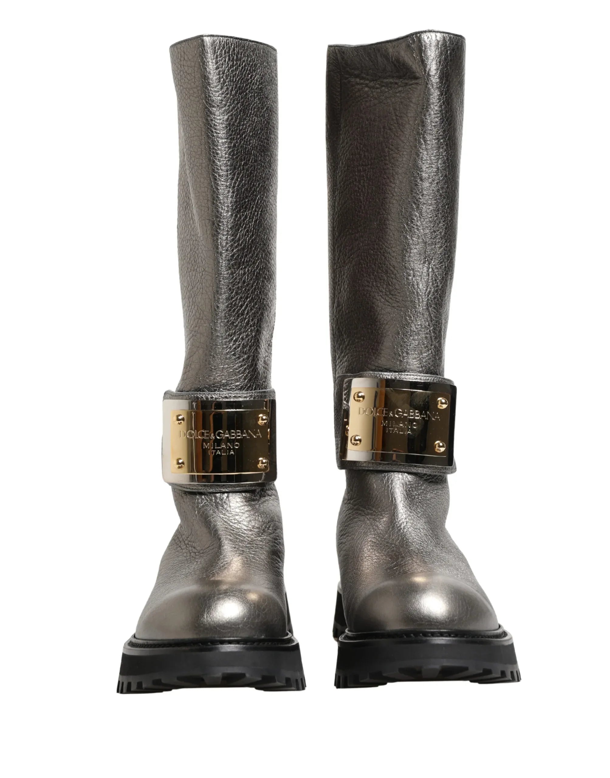 Dolce & Gabbana Metallic Silver Leather Mid Calf Boots Shoes - Zeiniez