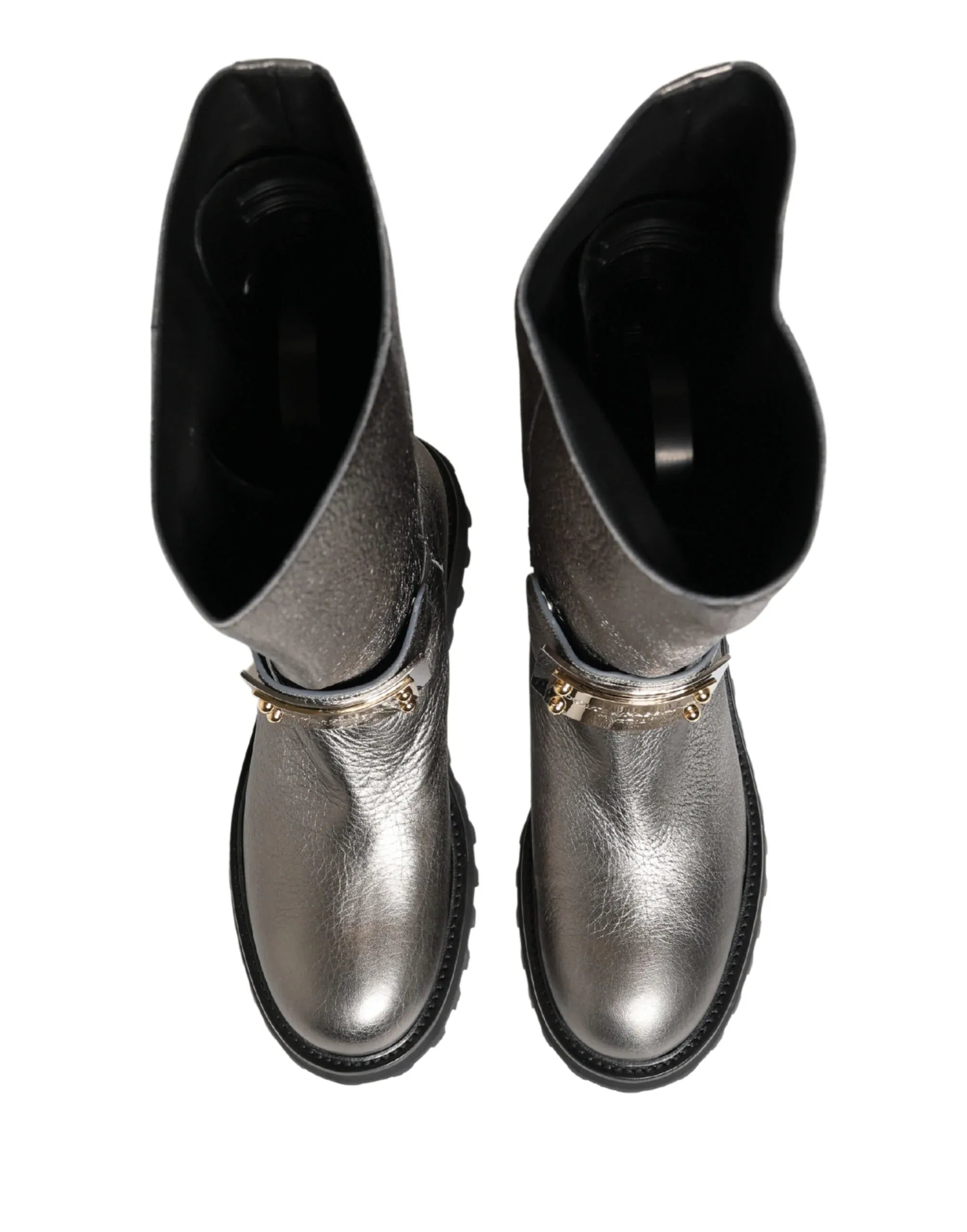 Dolce & Gabbana Metallic Silver Leather Mid Calf Boots Shoes - Zeiniez