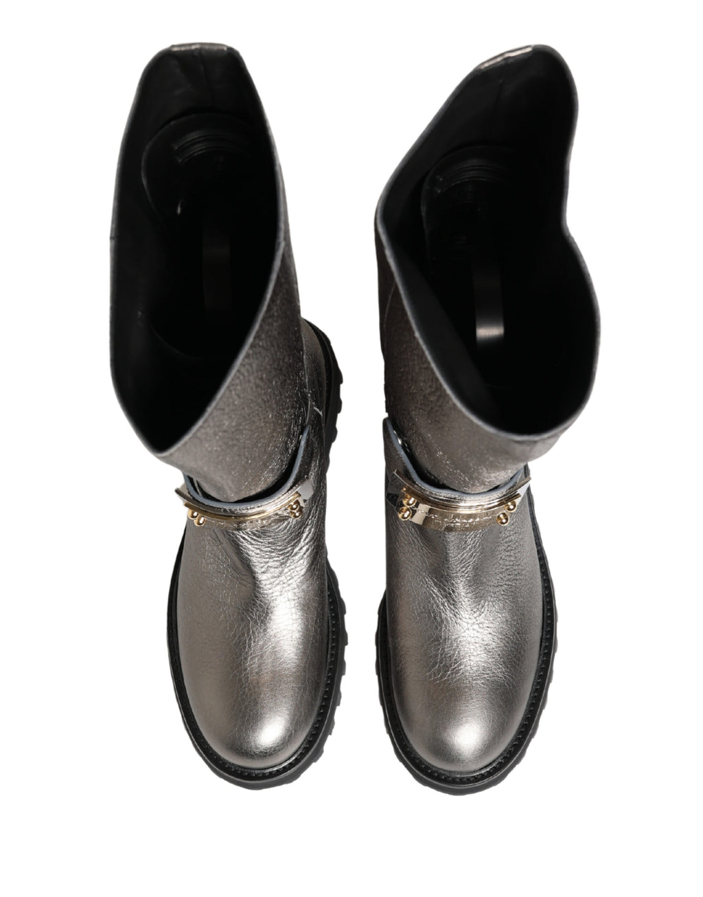 Dolce & Gabbana Metallic Silver Leather Mid Calf Boots Shoes
