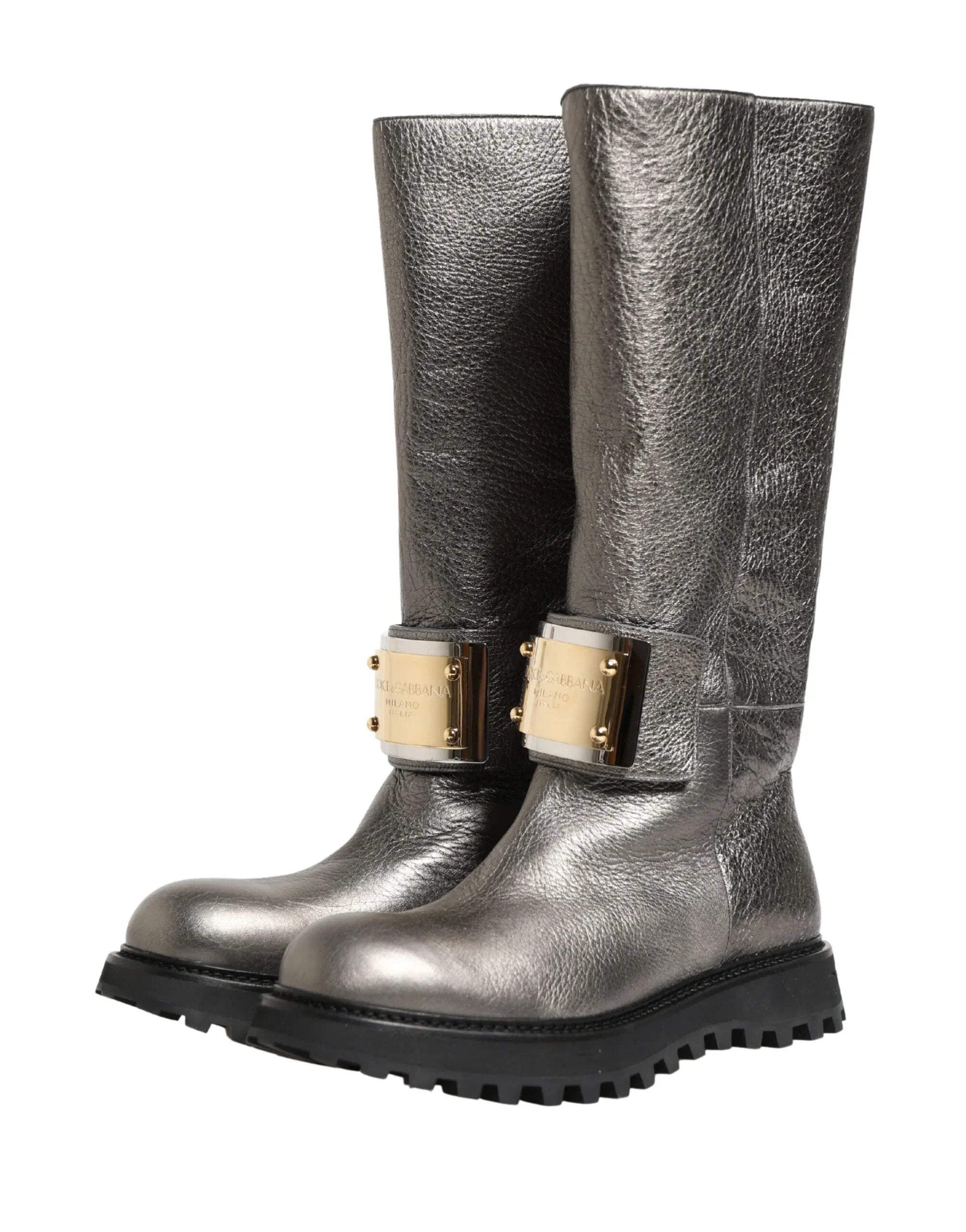 Dolce & Gabbana Metallic Silver Leather Mid Calf Boots Shoes - Zeiniez