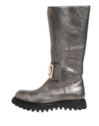 Dolce & Gabbana Metallic Silver Leather Mid Calf Boots Shoes