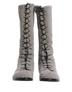 Dolce & Gabbana Gray Shearling Lace Up Knee High Boots Shoes - Zeiniez