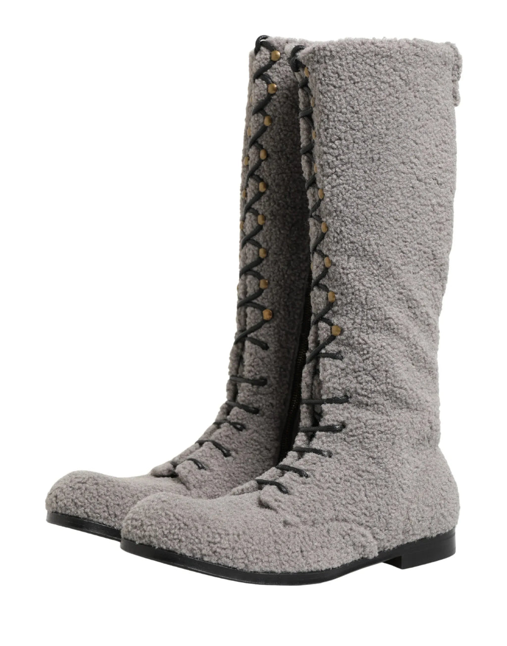 Dolce & Gabbana Gray Shearling Lace Up Knee High Boots Shoes - Zeiniez