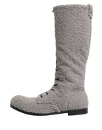Dolce & Gabbana Gray Shearling Lace Up Knee High Boots Shoes - Zeiniez