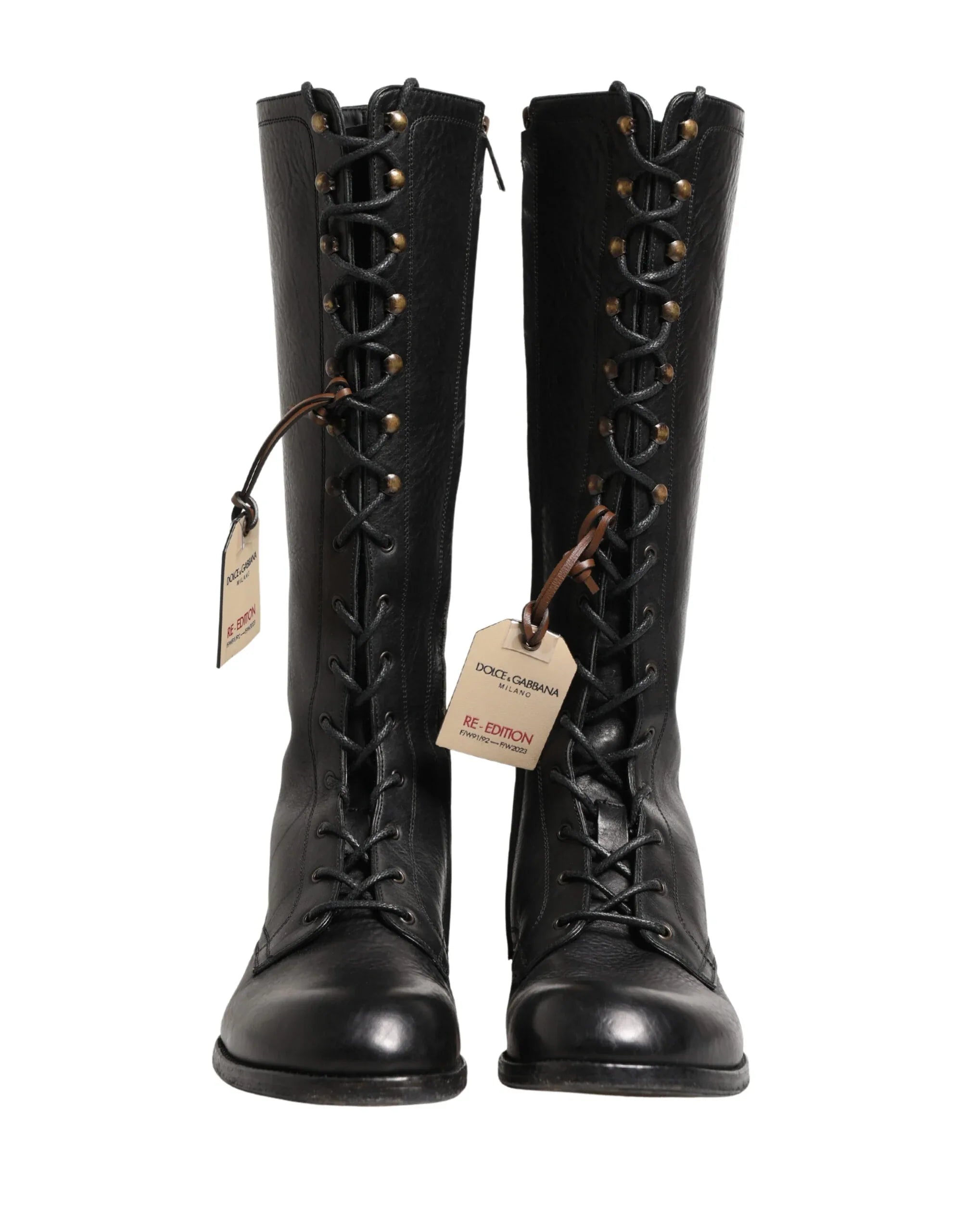 Dolce & Gabbana Re-Edition Black Leather Lace Up Boots Shoes - Zeiniez