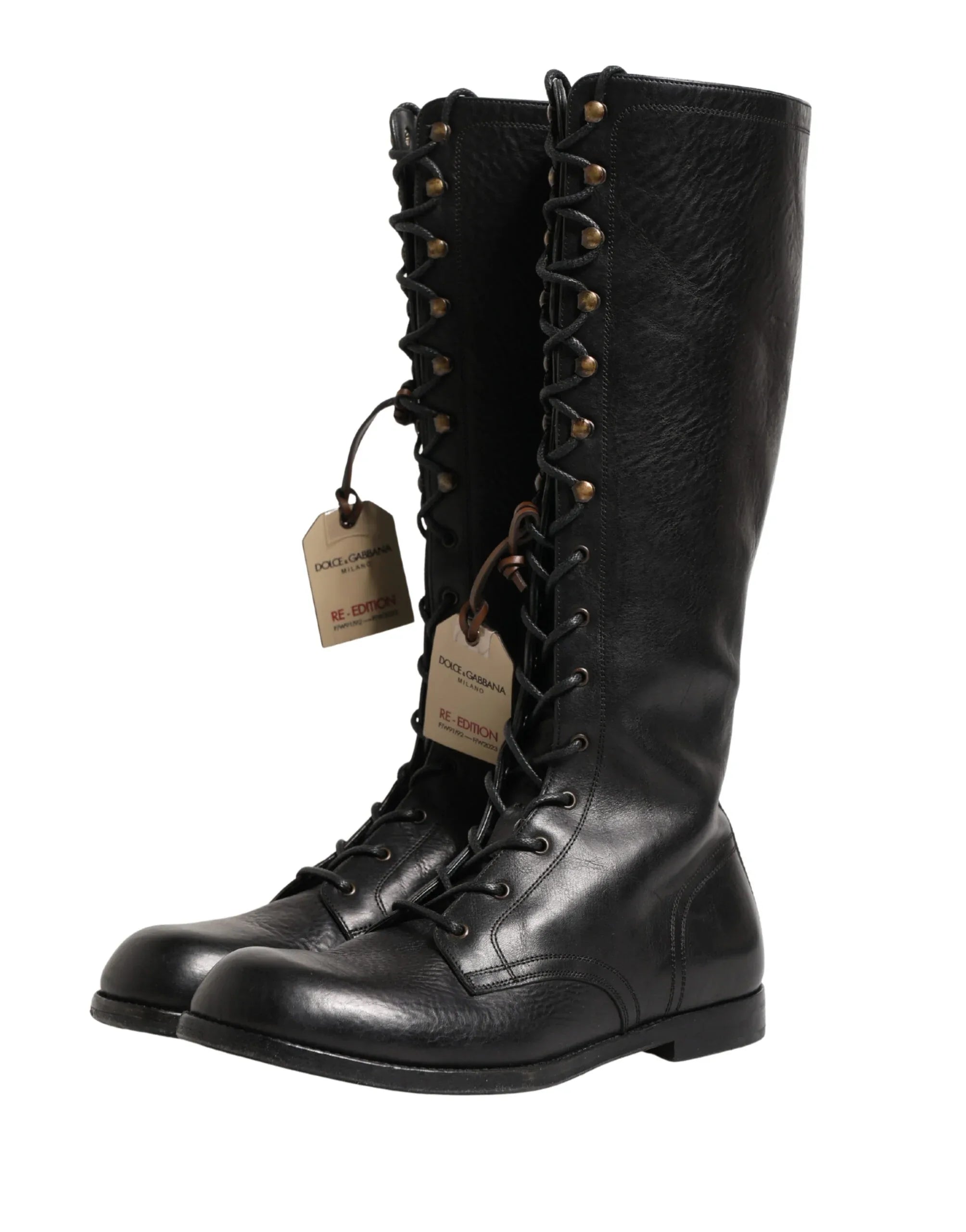 Dolce & Gabbana Re-Edition Black Leather Lace Up Boots Shoes - Zeiniez