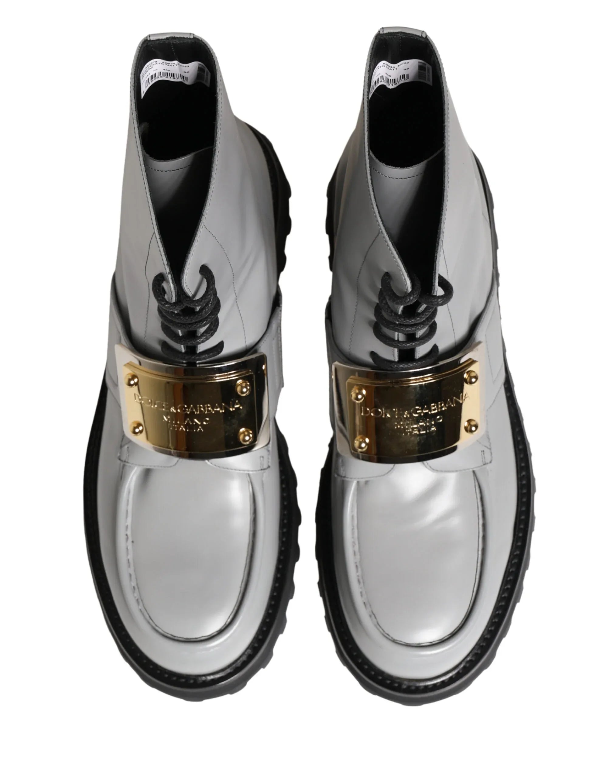 Dolce & Gabbana Gray Leather Logo Plaque Ankle Boots Shoes - Zeiniez