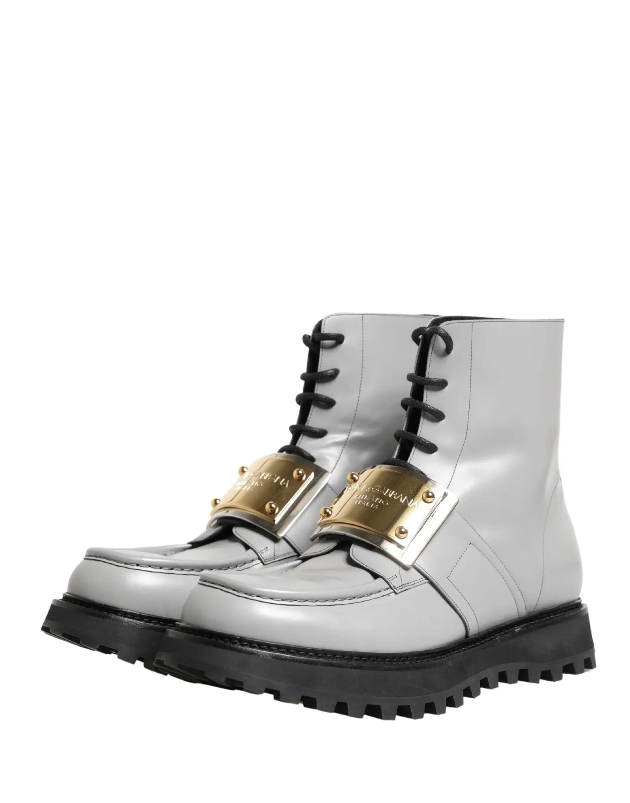 Dolce & Gabbana Gray Leather Logo Plaque Ankle Boots Shoes - Zeiniez