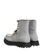 Dolce & Gabbana Gray Leather Logo Plaque Ankle Boots Shoes