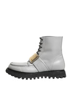 Dolce & Gabbana Gray Leather Logo Plaque Ankle Boots Shoes - Zeiniez