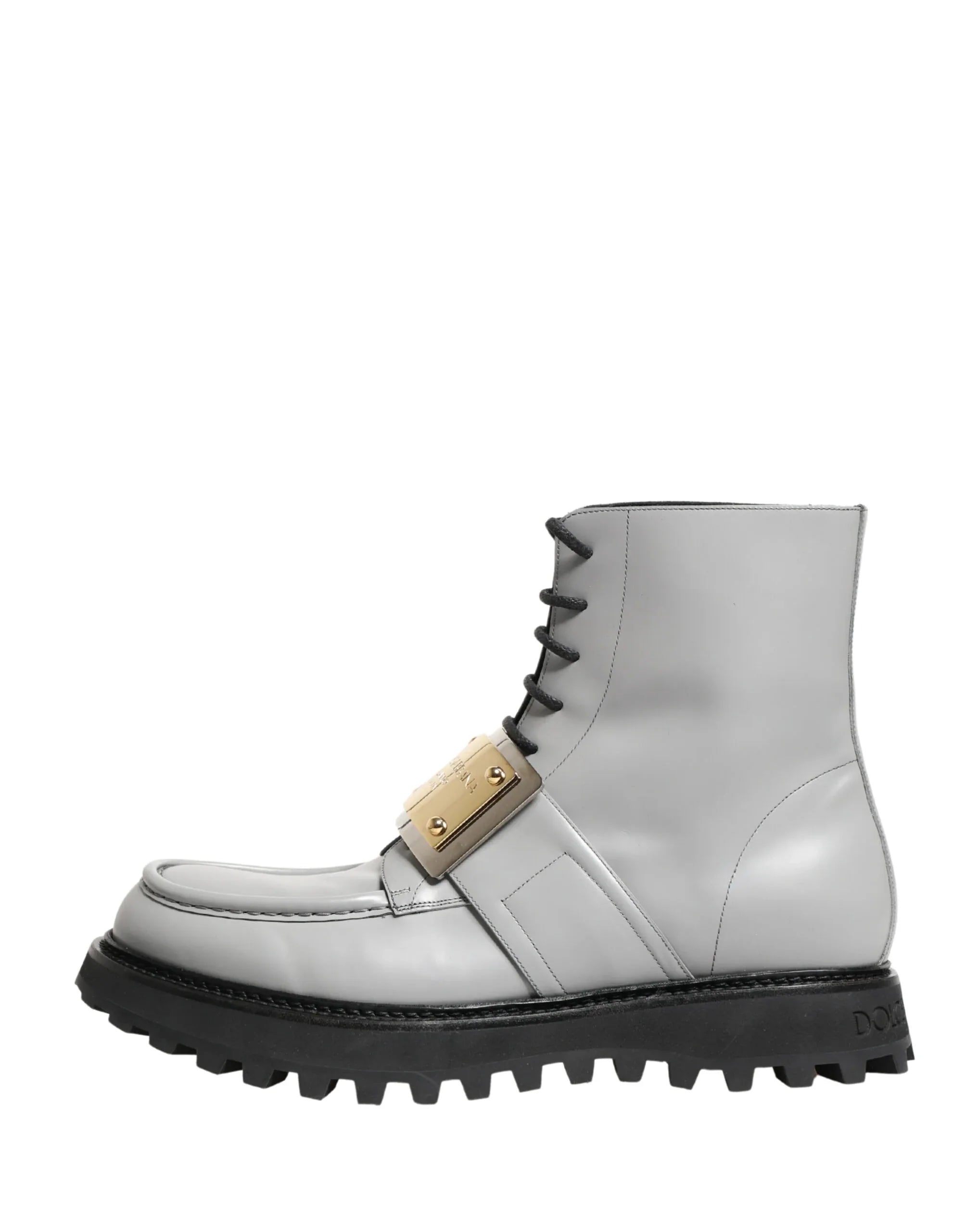 Dolce & Gabbana Gray Leather Logo Plaque Ankle Boots Shoes - Zeiniez