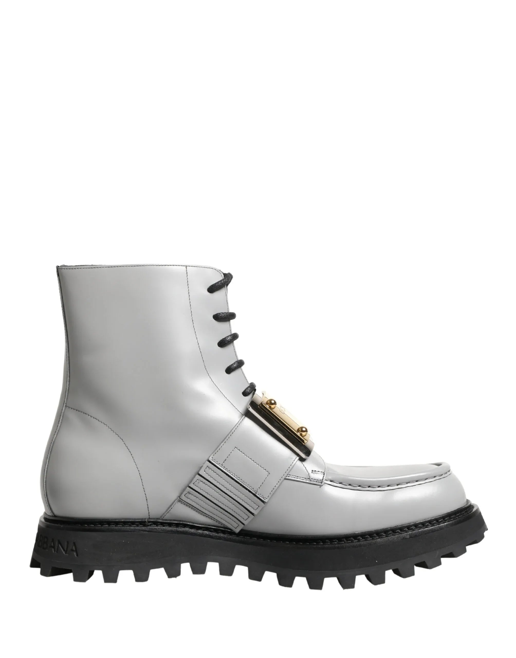 Dolce & Gabbana Gray Leather Logo Plaque Ankle Boots Shoes - Zeiniez