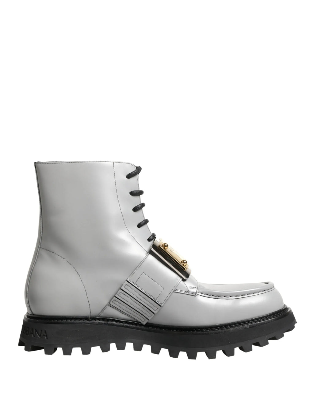 Dolce & Gabbana Gray Leather Logo Plaque Ankle Boots Shoes - Zeiniez