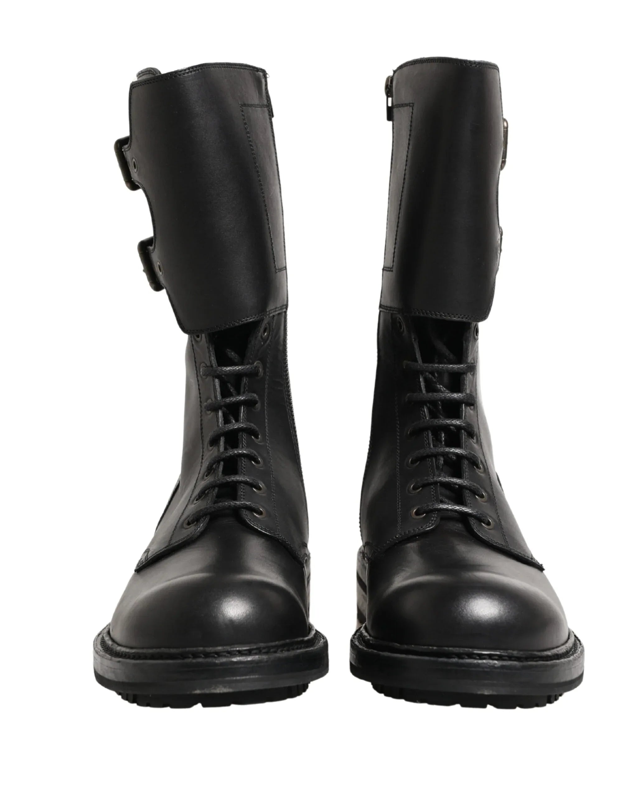 Dolce & Gabbana Black Leather Belted Buckle Combat Boots Shoes - Zeiniez