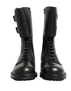 Dolce & Gabbana Black Leather Belted Buckle Combat Boots Shoes