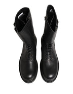 Dolce & Gabbana Black Leather Belted Buckle Combat Boots Shoes