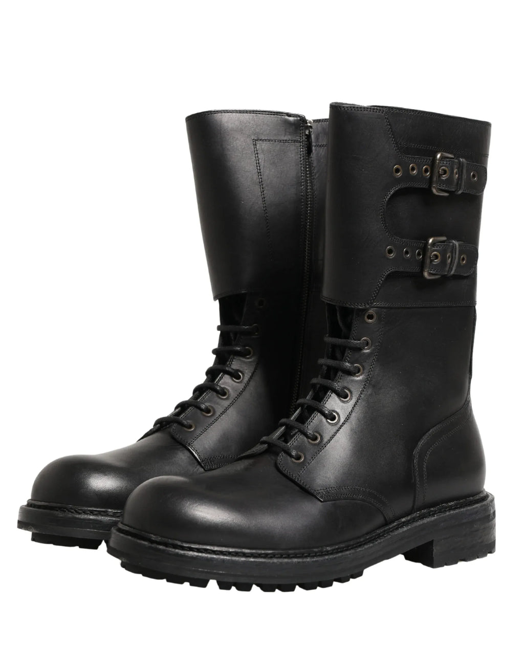 Dolce & Gabbana Black Leather Belted Buckle Combat Boots Shoes - Zeiniez