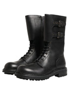 Dolce & Gabbana Black Leather Belted Buckle Combat Boots Shoes - Zeiniez