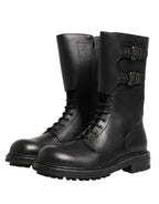 Dolce & Gabbana Black Leather Belted Buckle Combat Boots Shoes