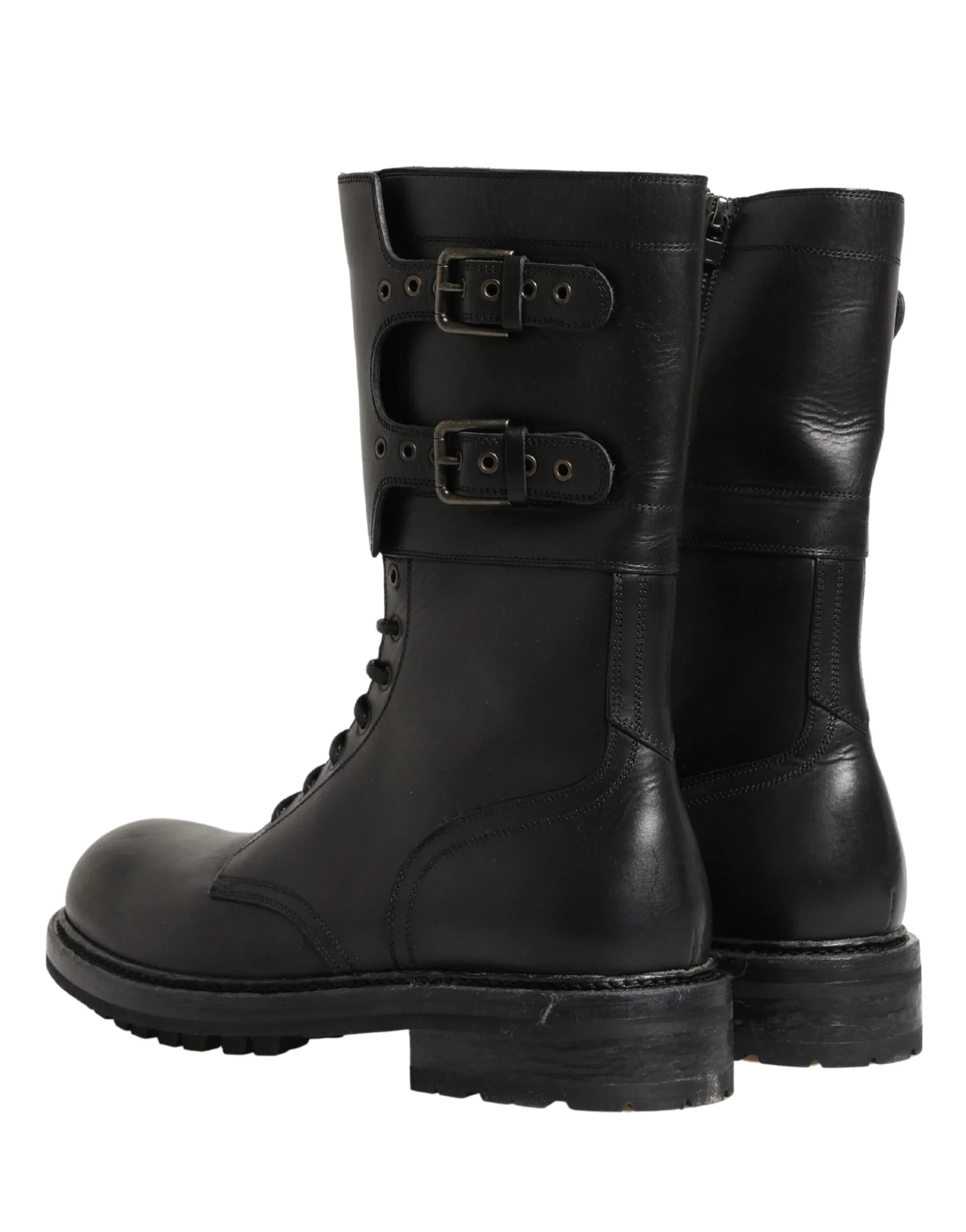 Dolce & Gabbana Black Leather Belted Buckle Combat Boots Shoes - Zeiniez