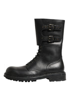 Dolce & Gabbana Black Leather Belted Buckle Combat Boots Shoes - Zeiniez