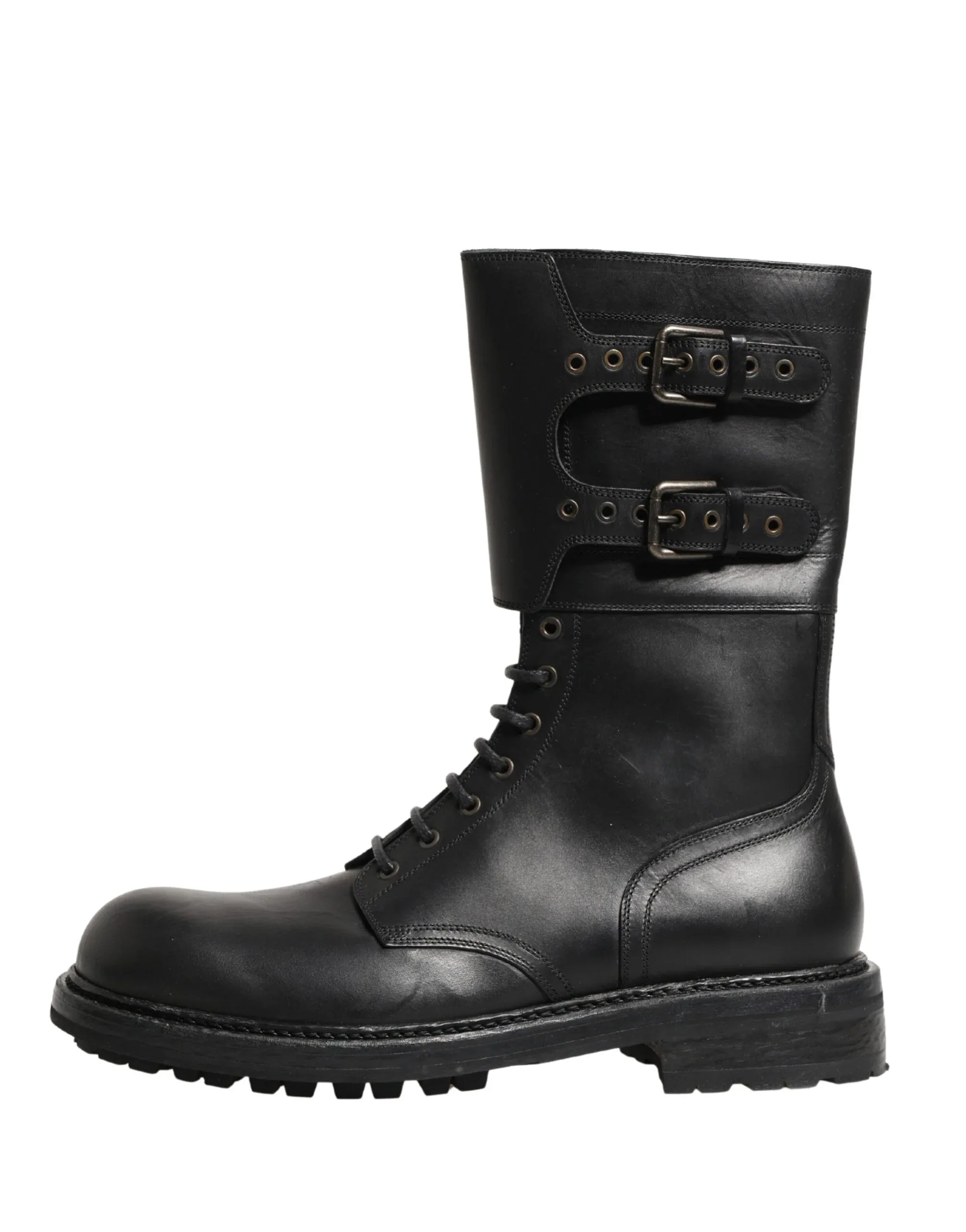 Dolce & Gabbana Black Leather Belted Buckle Combat Boots Shoes - Zeiniez
