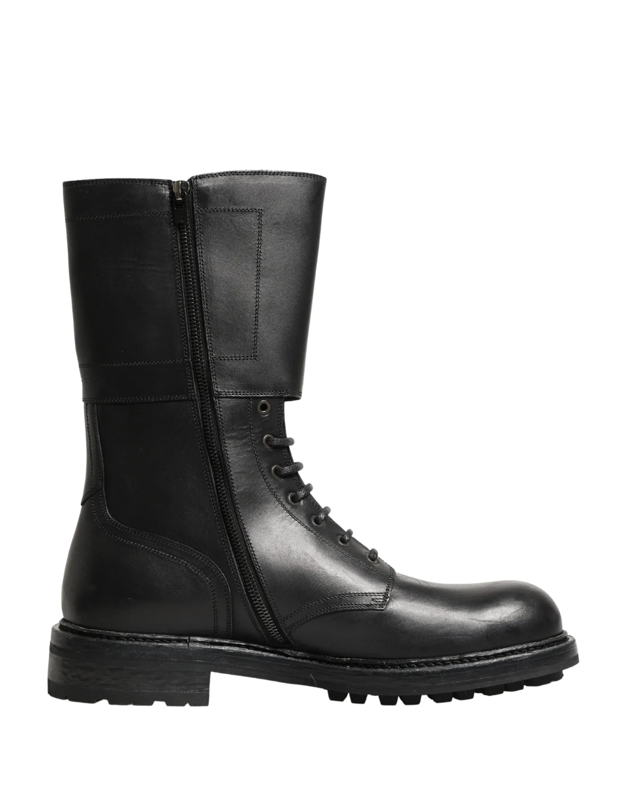 Dolce & Gabbana Black Leather Belted Buckle Combat Boots Shoes - Zeiniez