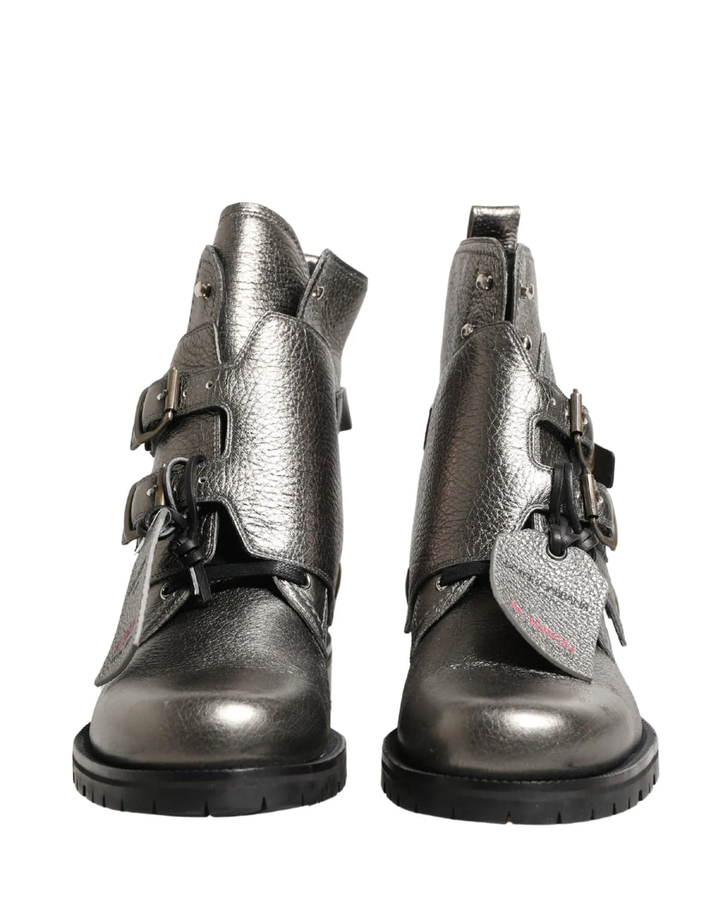 Dolce & Gabbana Metallic Silver Leather Buckle Ankle Boots Shoes - Zeiniez