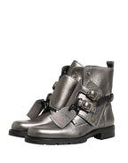 Dolce & Gabbana Metallic Silver Leather Buckle Ankle Boots Shoes - Zeiniez