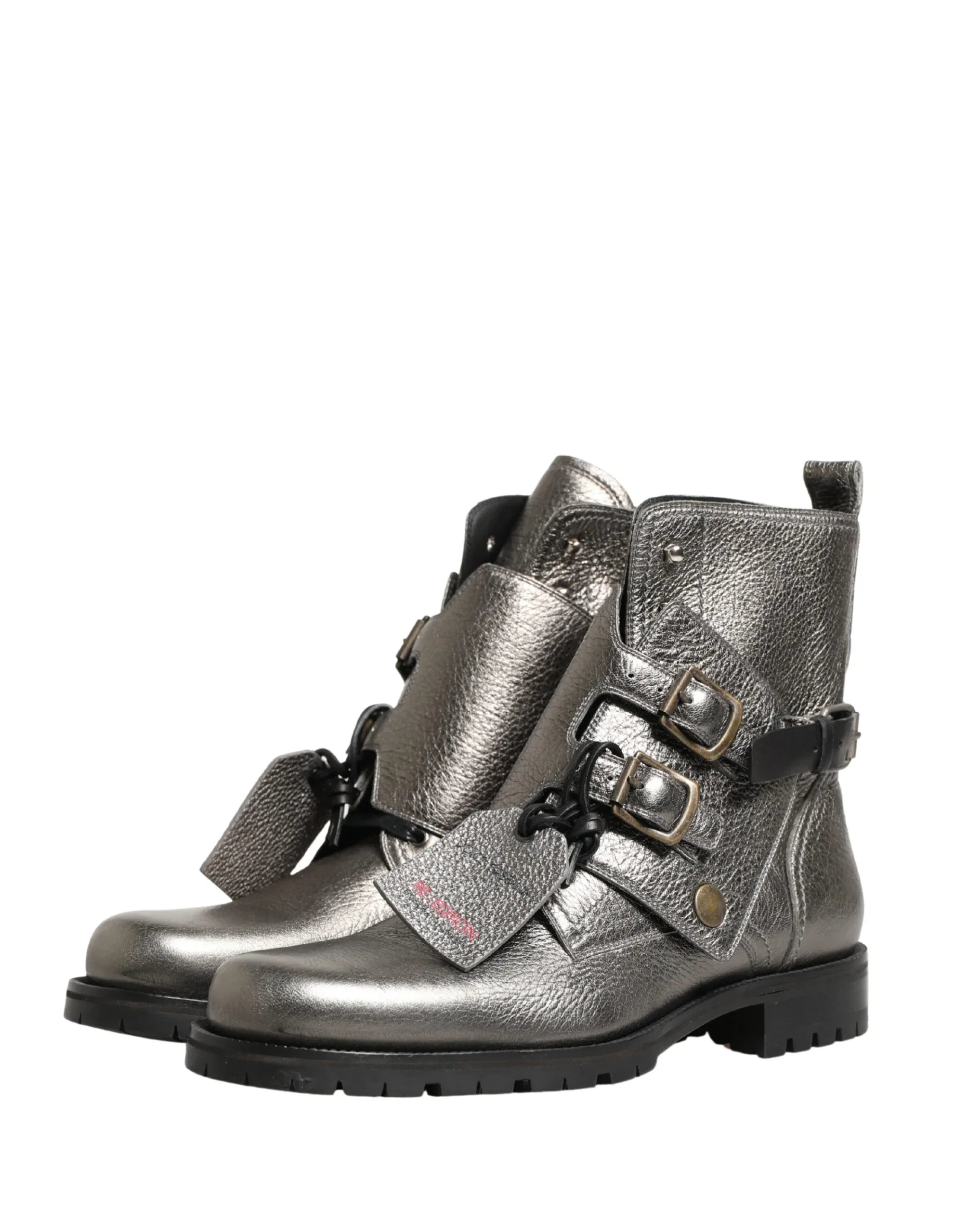 Dolce & Gabbana Metallic Silver Leather Buckle Ankle Boots Shoes - Zeiniez