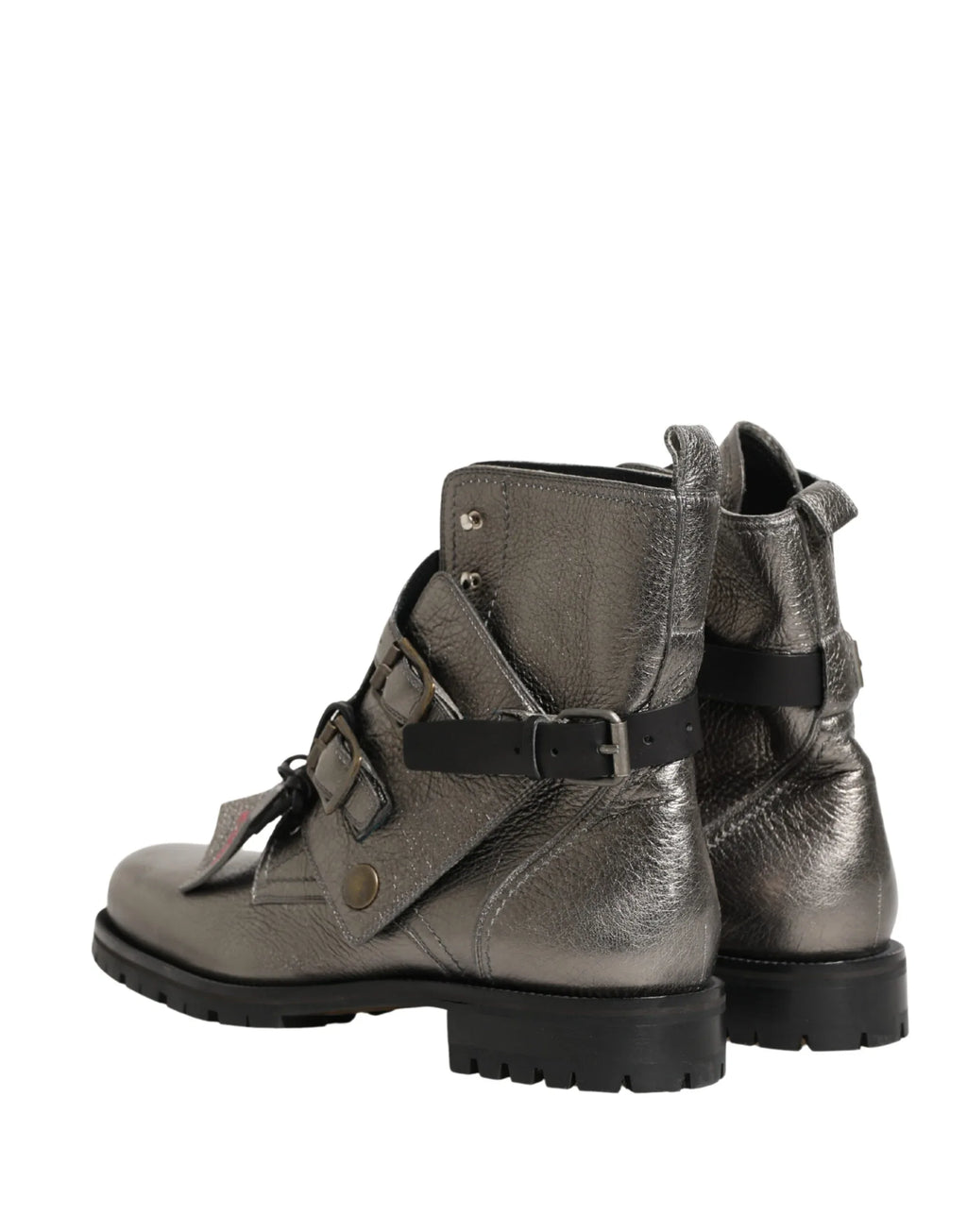 Dolce & Gabbana Metallic Silver Leather Buckle Ankle Boots Shoes - Zeiniez