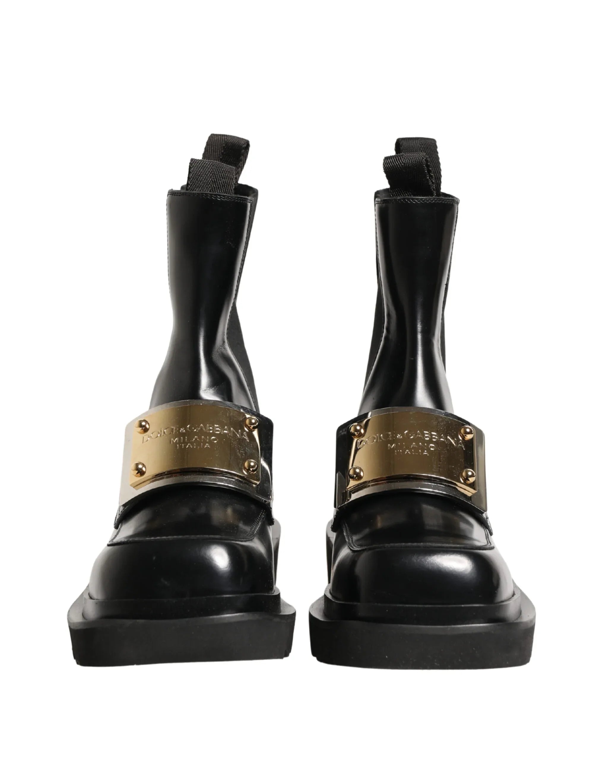 Dolce & Gabbana Black Leather Logo Plaque Ankle Boots Shoes - Zeiniez