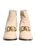 Dolce & Gabbana Beige Leather Logo Plaque Ankle Boots Shoes - Zeiniez