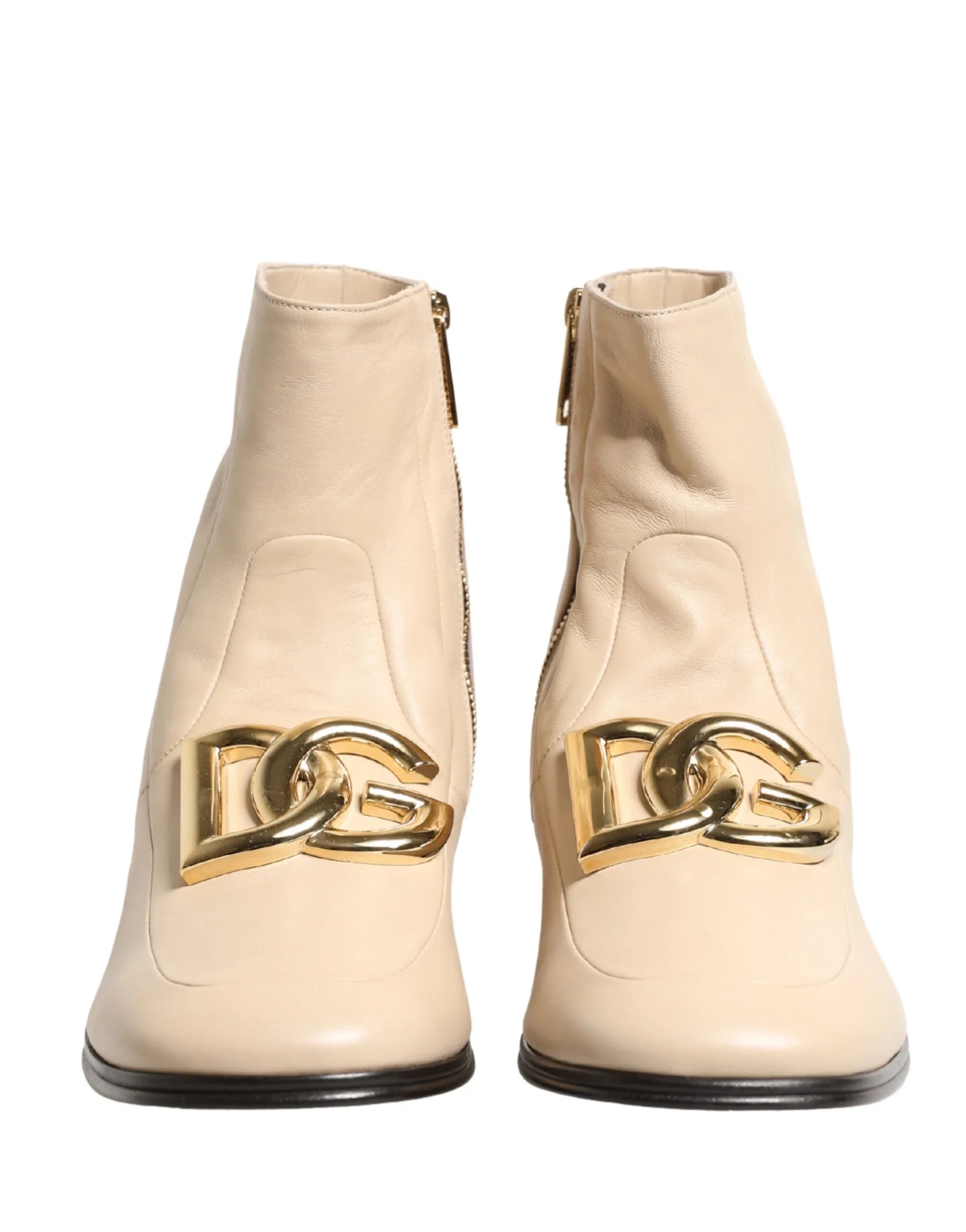 Dolce & Gabbana Beige Leather Logo Plaque Ankle Boots Shoes - Zeiniez