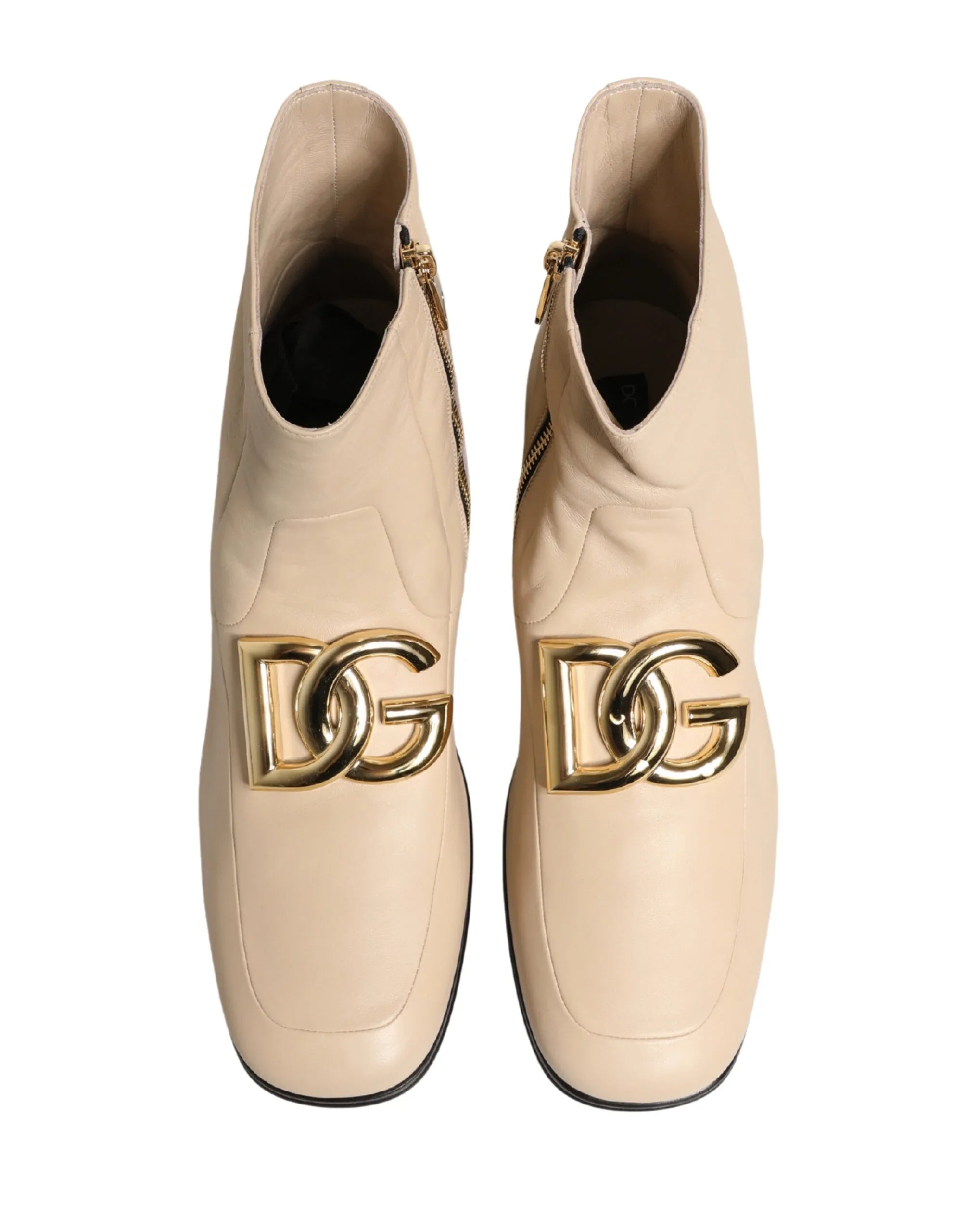 Dolce & Gabbana Beige Leather Logo Plaque Ankle Boots Shoes - Zeiniez
