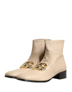 Dolce & Gabbana Beige Leather Logo Plaque Ankle Boots Shoes - Zeiniez