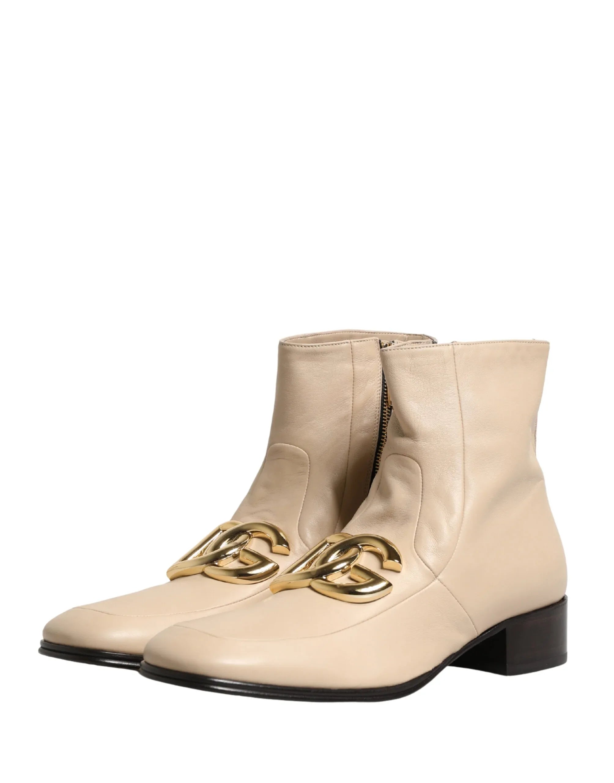 Dolce & Gabbana Beige Leather Logo Plaque Ankle Boots Shoes - Zeiniez