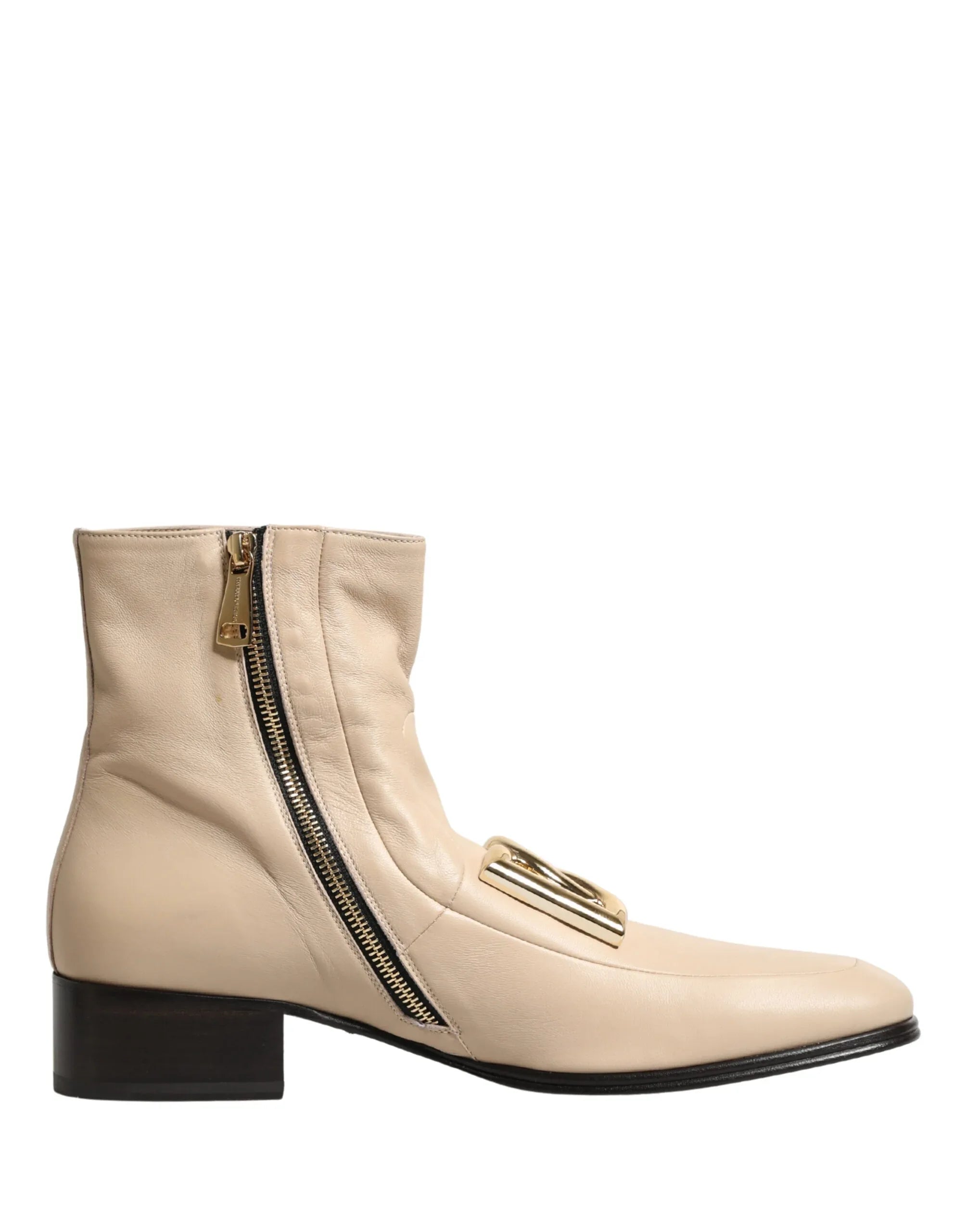 Dolce & Gabbana Beige Leather Logo Plaque Ankle Boots Shoes - Zeiniez