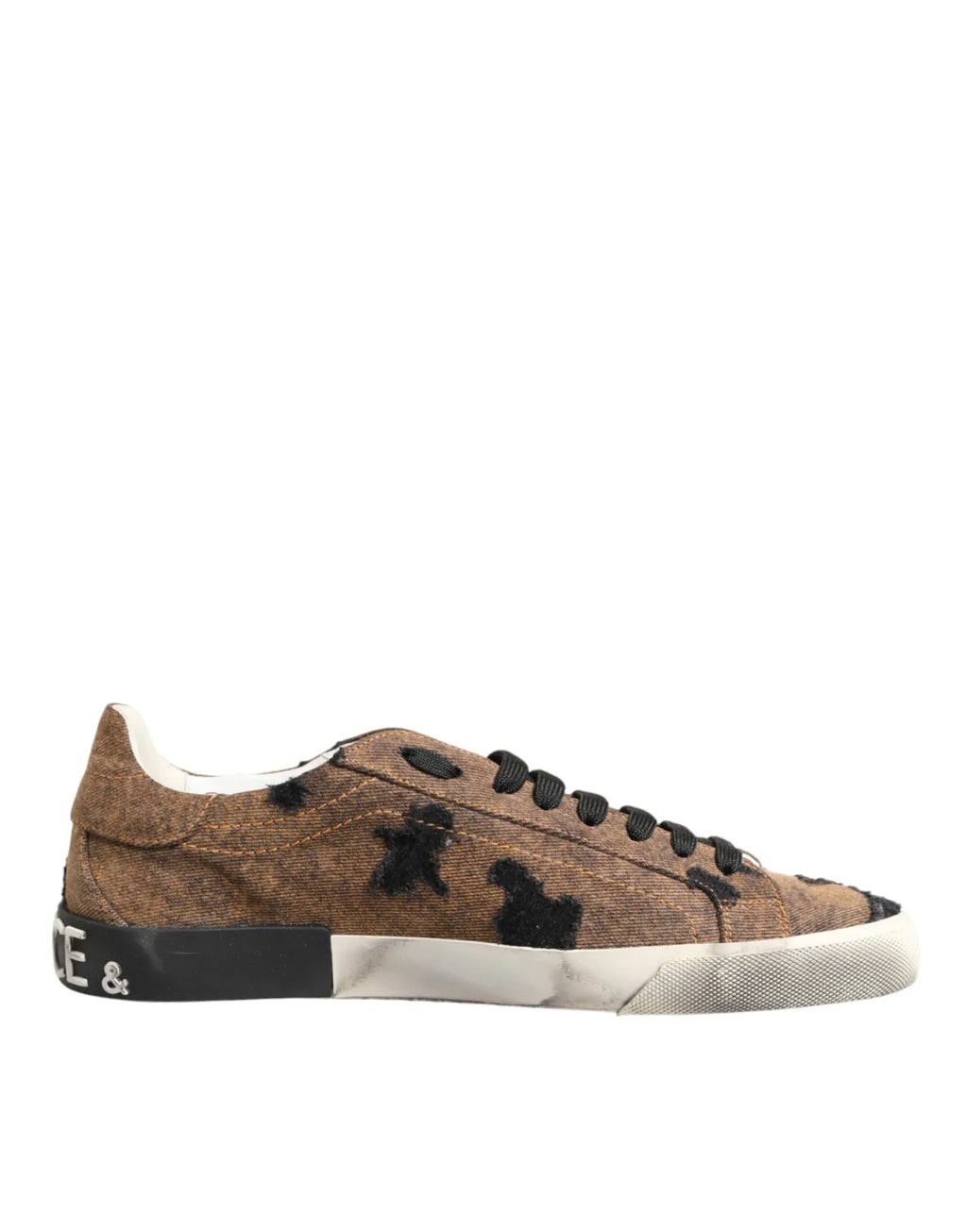 Dolce & Gabbana Brown Black Patch Denim Low Top Sneakers Shoes - Zeiniez