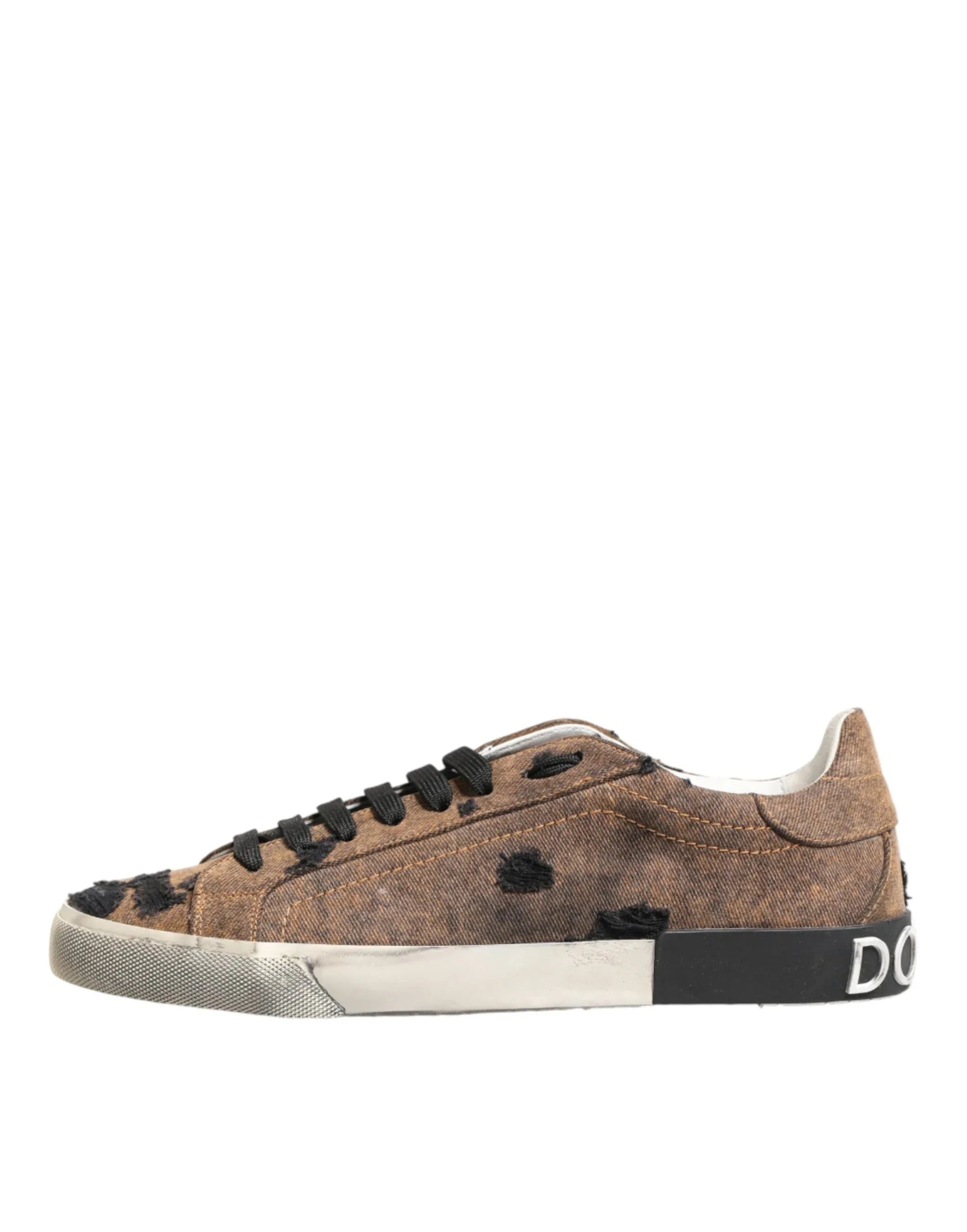 Dolce & Gabbana Brown Black Patch Denim Low Top Sneakers Shoes - Zeiniez
