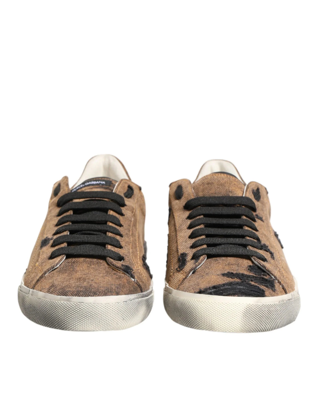 Dolce & Gabbana Brown Black Patch Denim Low Top Sneakers Shoes - Zeiniez