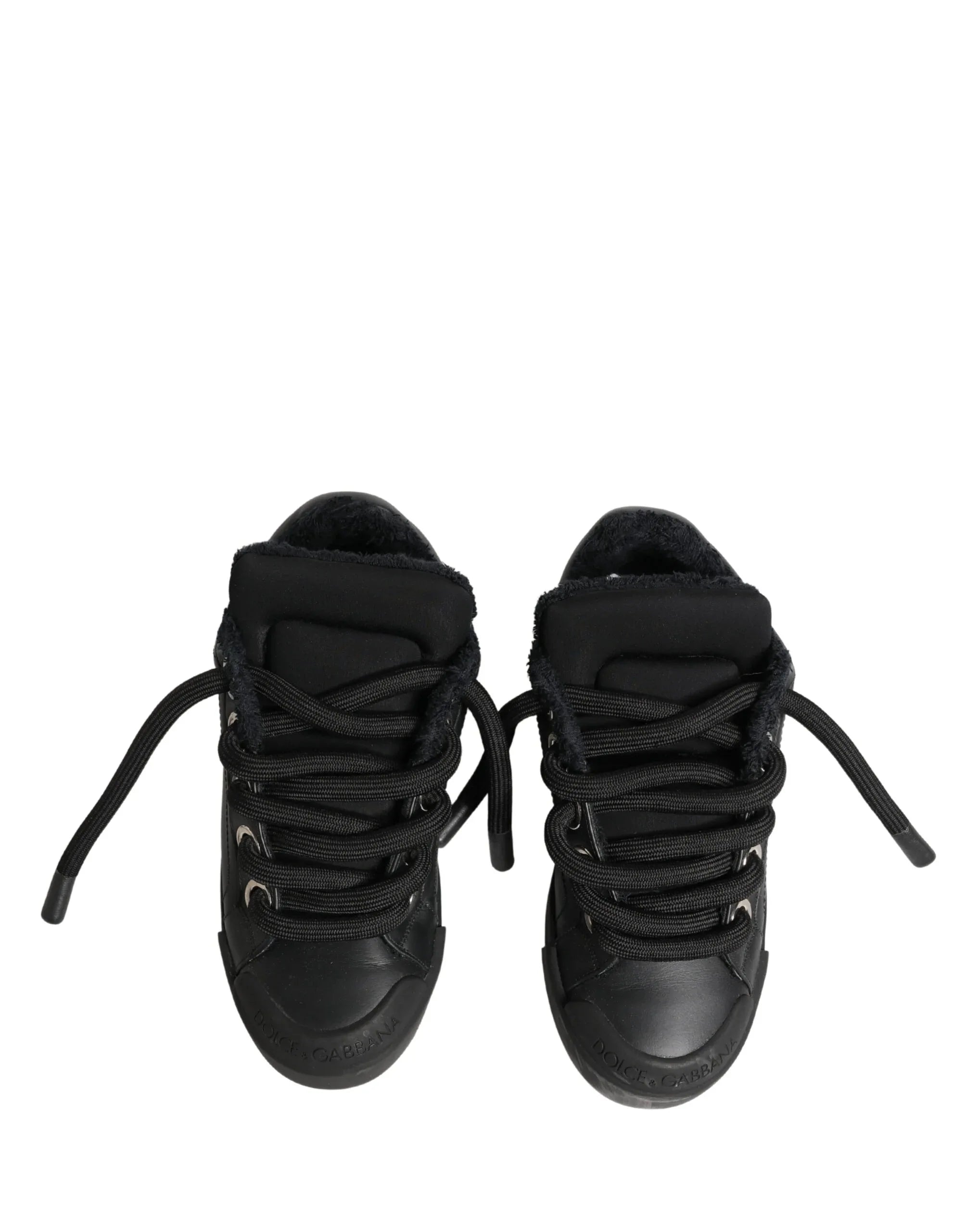 Dolce & Gabbana Black Calf Leather Nappa Lace-Up Sneakers Shoes - Zeiniez