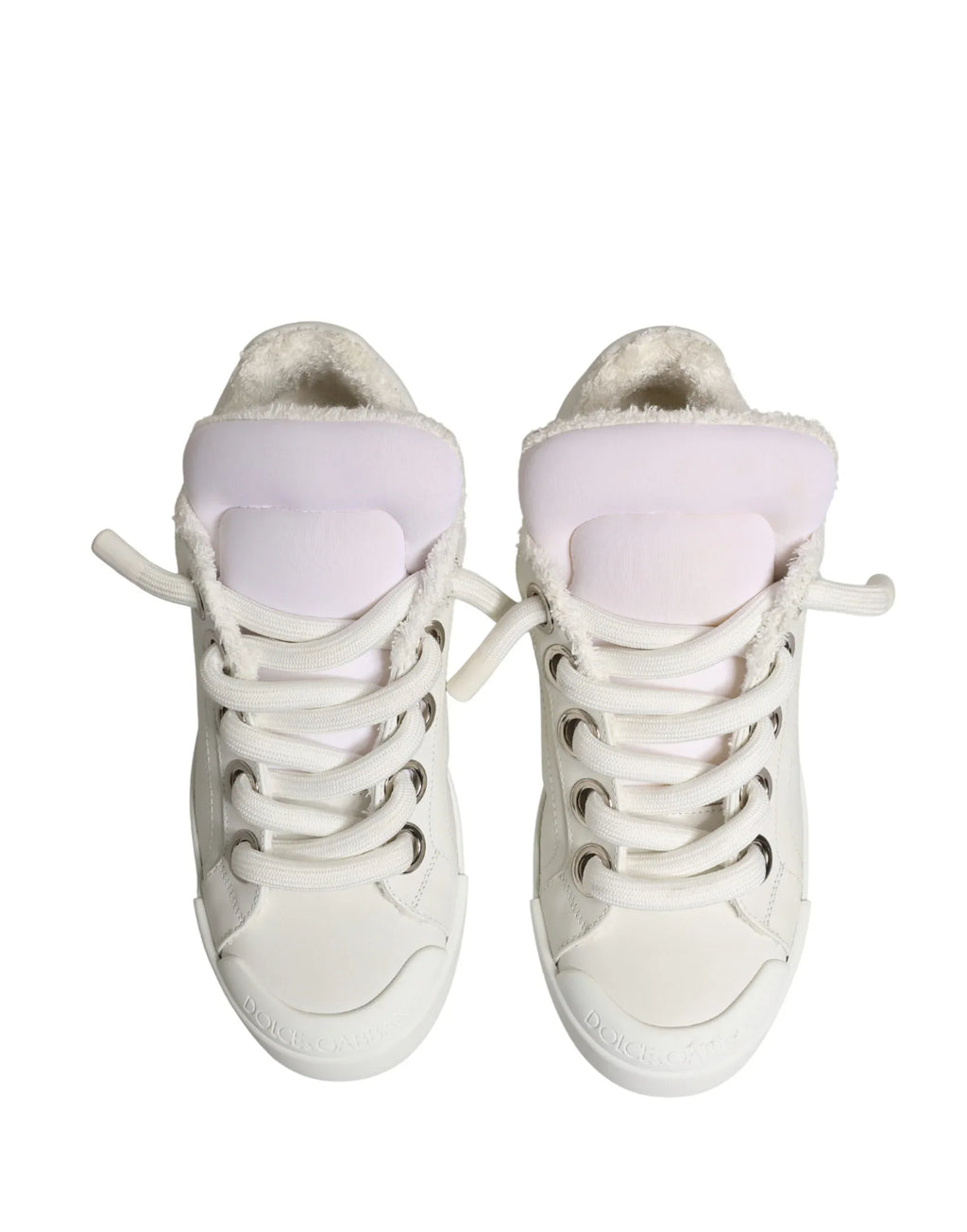 Dolce & Gabbana White Leather Shearling Fur Low Top Sneakers Shoes - Zeiniez