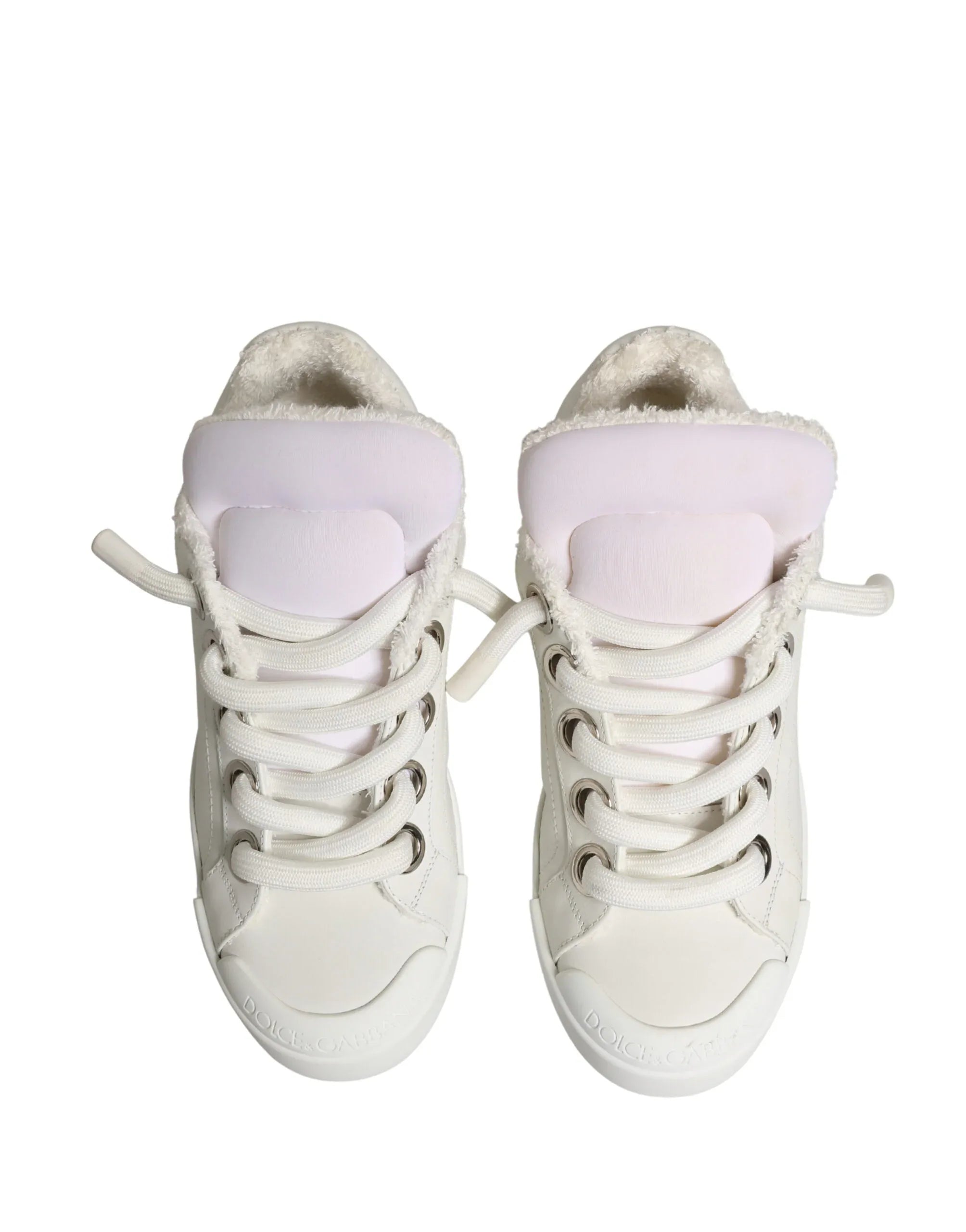 Dolce & Gabbana White Leather Shearling Fur Low Top Sneakers Shoes - Zeiniez